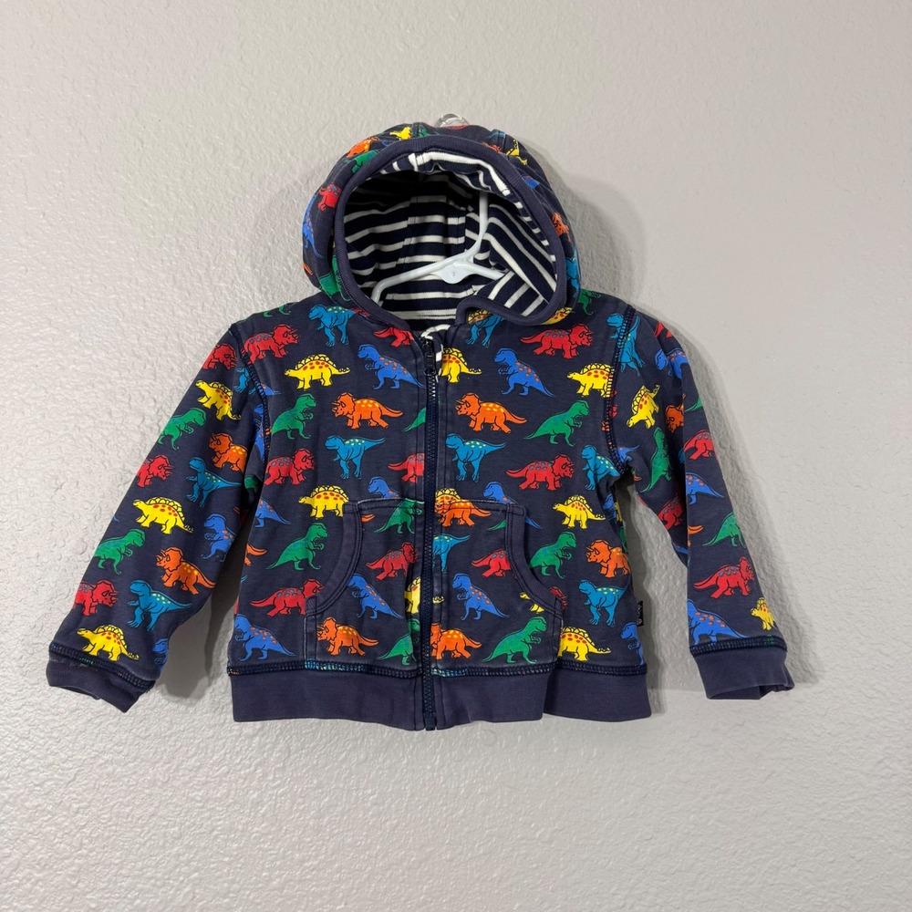 JoJo Maman Bébé Size 18-24M Navy Reversible Dinosaur Stripe Full Zip Hoodie